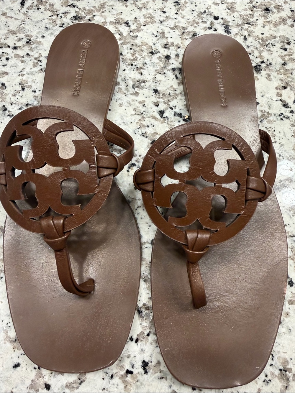 Tory Burch Brown Leather Logo Thong Sandals